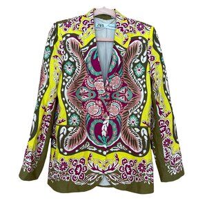 Zara Multicolor Linen Blend Blazer Sz XS Floral Preppy Statemenr